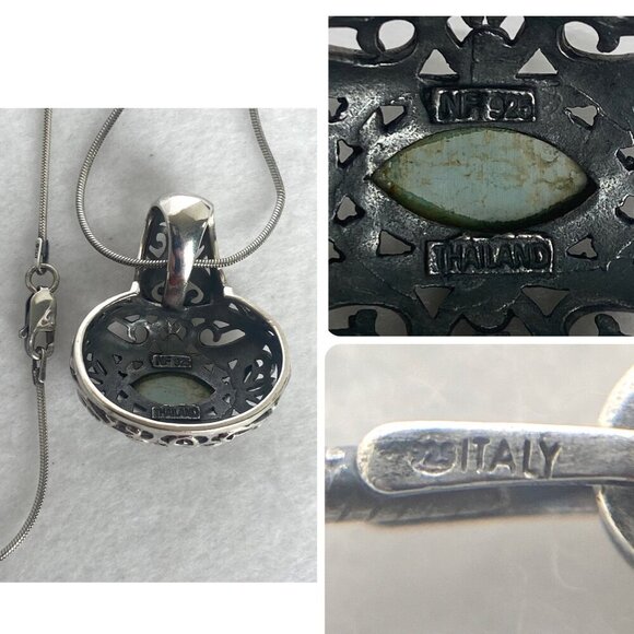 Sterling Silver 925 Chunky Bali Style Scrollwork Turquoise Pendant Necklace 18" - Picture 9 of 16